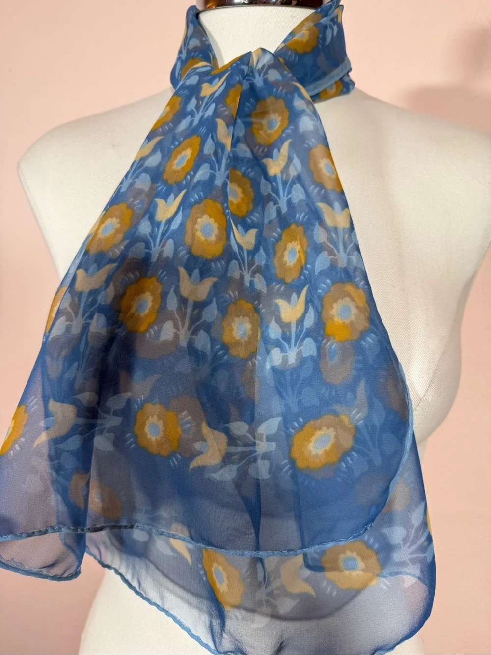 Vintage Cottagecore floral semi sheer blue tan long rectangular scarf